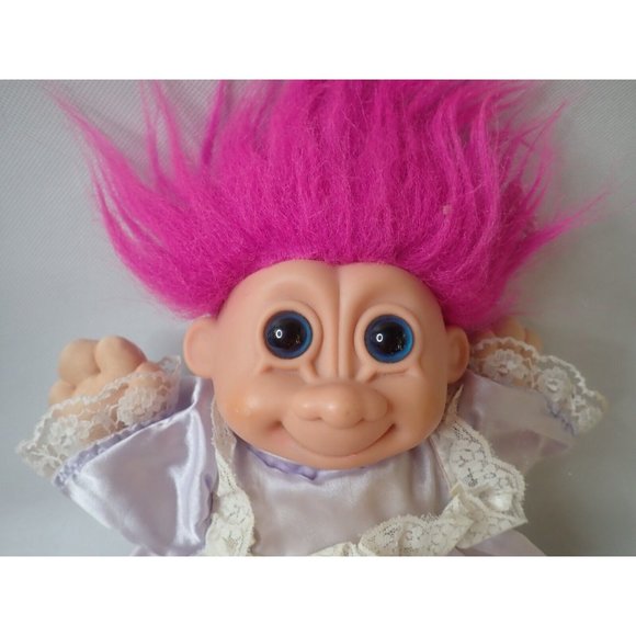 VTG Russ Berrie 12" Troll Doll Girl Purple Satin Dress Plush Soft Body Blue Eyes - Picture 3 of 5